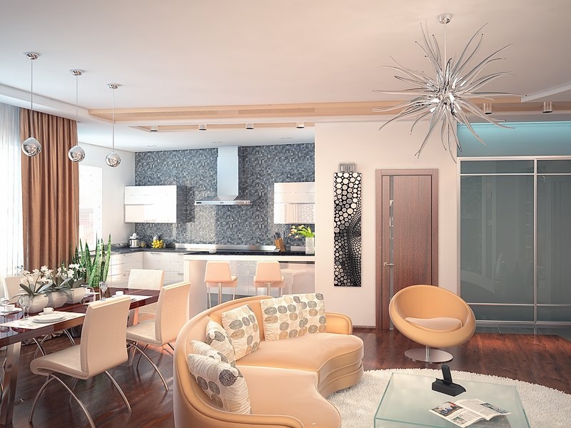 Кухня-гостиная с дизайнерской люстрой - Квартира в жилом комплексе «Солнечный остров»