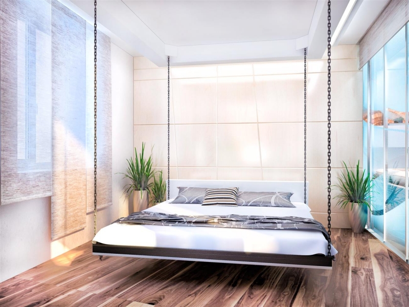 Подвесная кровать в спальне - Дизайн интерьера квартиры на ул.Севастопольская, г. Тюмень 55 кв. м.