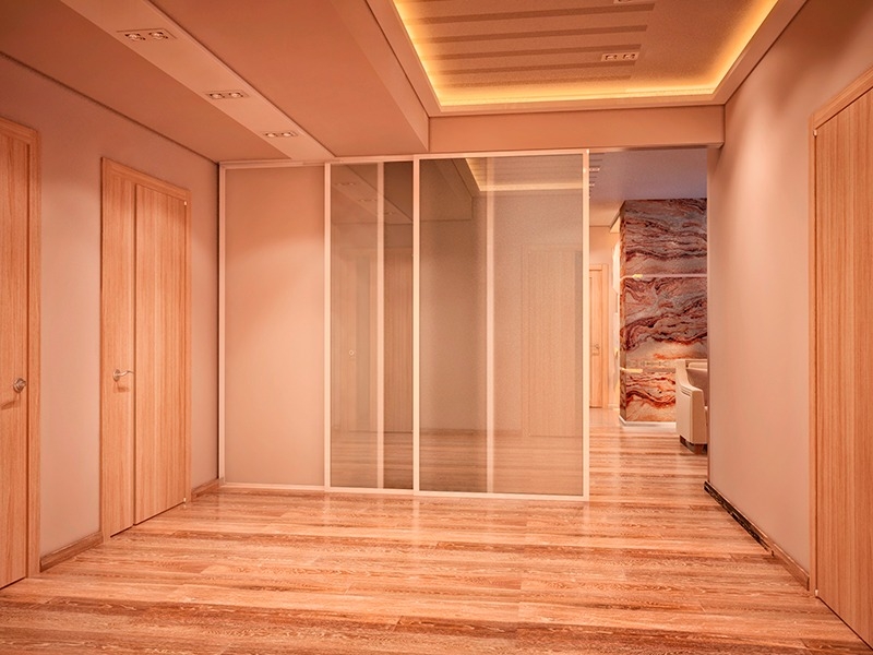 Просторный коридор со стеклянной перегородкой - Дизайн интерьера квартиры на ул. Василия Гольцова г. Тюмень (126 м2)
