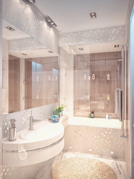 Белая мозаика в ванной комнате - Дизайн интерьера квартиры в современном стиле на ул. Фабричная, г. Тюмень 75 кв. м.