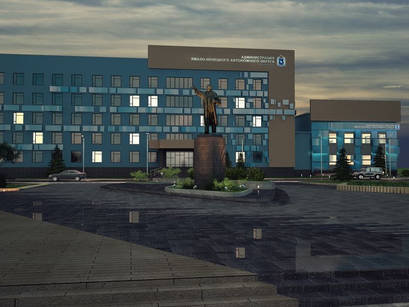 Дизайн фасада здания - Ландшафтный проект г. Салехард, ул. Республики 72.
