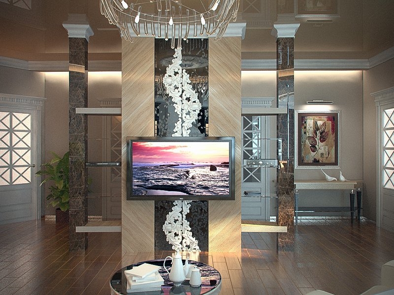 Гостиная с колонной для телевизора  - Светлый и просторный дизайн квартиры