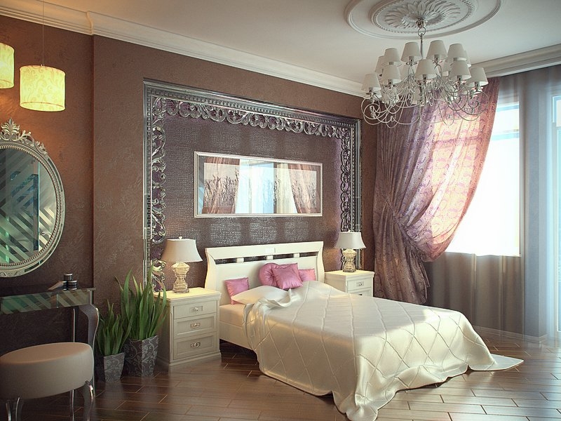 Спальня с классическими молдингами у изголовья кровати  - Светлый и просторный дизайн квартиры