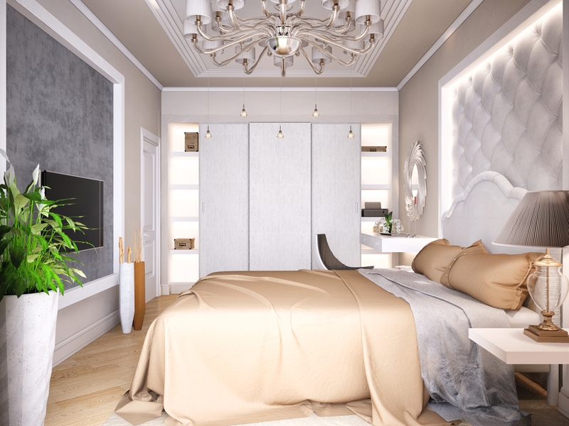 Люстра с большим количеством плафонов в спальне - Дизайн интерьера квартиры г. Тюмень, ул. Зелинского