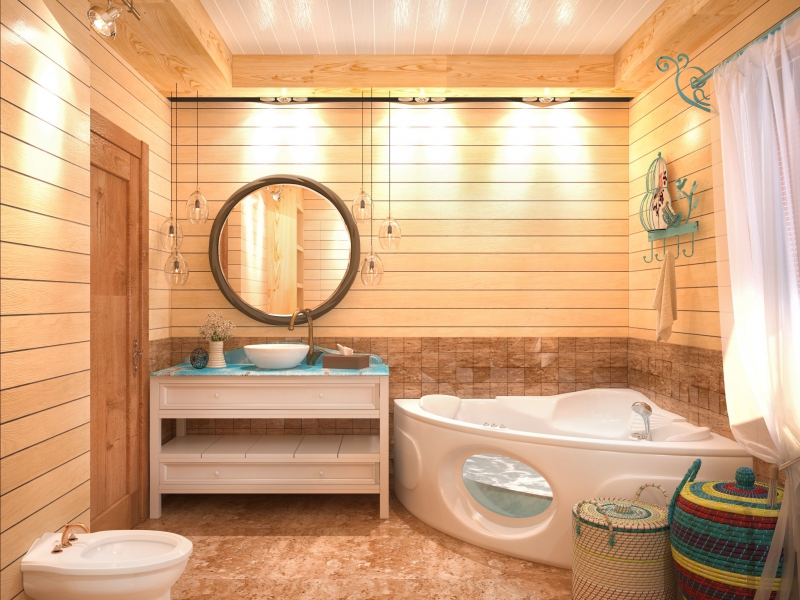 Ванная комната с деревянными панелями на стенах - Дизайн интерьера загородного дома п. Гузенеевский, г. Тюмень