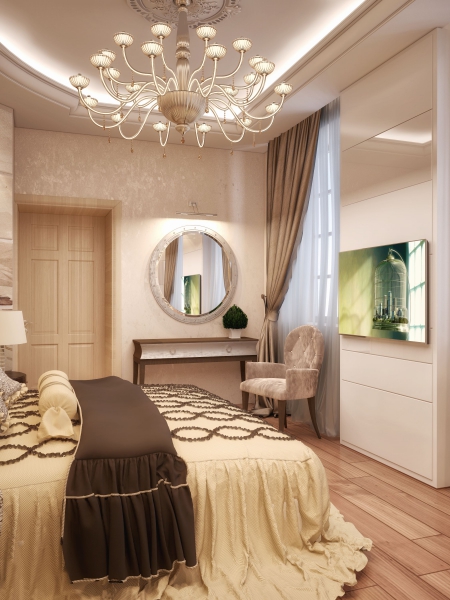 Массивная люстра в спальне - Дизайн интерьера коттеджа в пос. Московский
