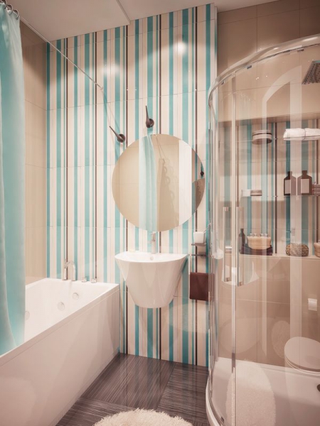 Плитка с вертикальными полосами в ванной комнате - Дизайн интерьера квартиры г.Тюмень ул. 50 лет Октября