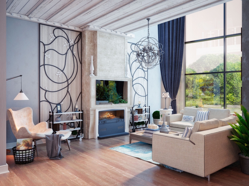 Деревянное оформление потолка - Дизайн интерьера гостиной с панорамным остеклением
