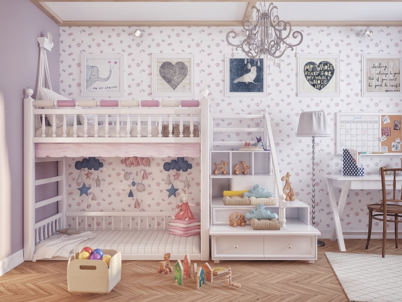 Детская девочки-потолочные балки-двухуровневая кровать - Дизайн интерьера двухуровневой квартиры, ул.Самарцева
