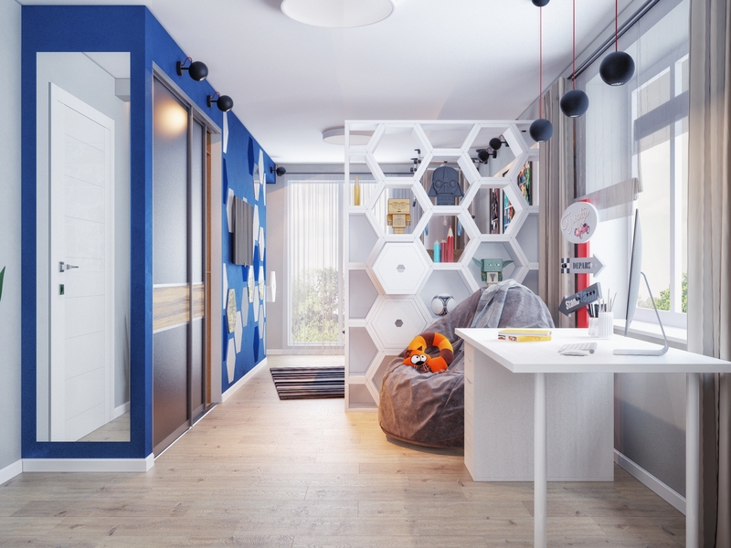 Стеллаж-перегородка в детской - Дизайн интерьера квартиры, Европейский мкрн
