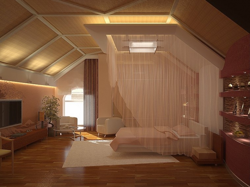 Спальня с мансардным потолком - Оригинальный дизайн интерьера частого дома