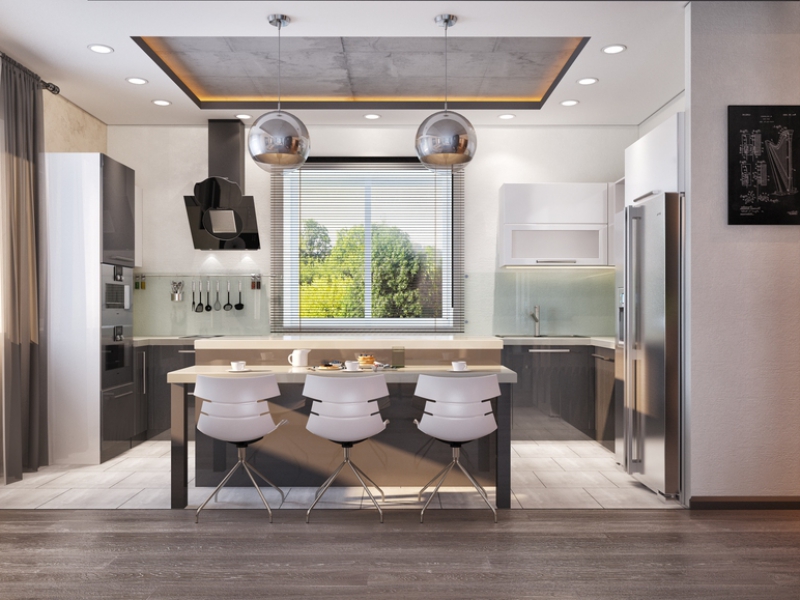 Вид на кухонную зону с использованием бетона в интерьере - Дизайн загородного дома, пос. Звенящие кедры