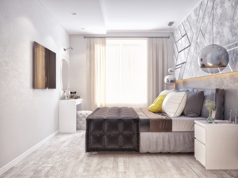 Серая спальня с цветовыми акцентами - Дизайн квартиры, ЖК Олимпия