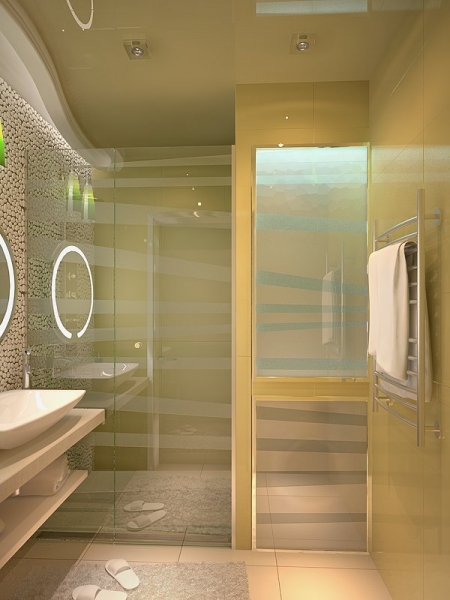 Ванная со стеклянной матированной перегородкой - Дизайн интерьера квартиры г. Салехард ул. Свердлова