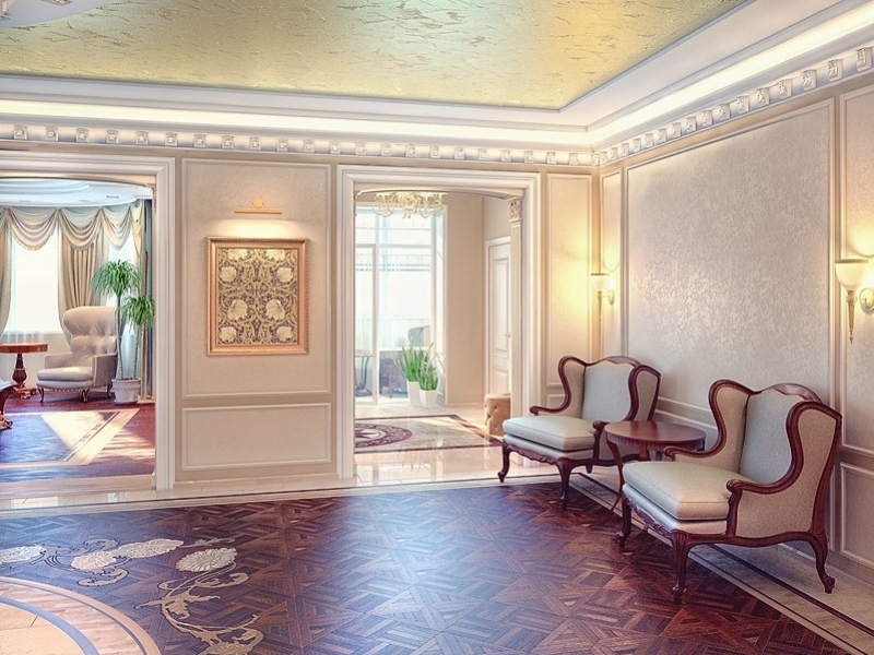 Холл с декоративными модингами в классическом стиле - Дизайн интерьера квартиры г. Тюмень ул. Логунова