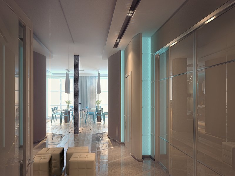 Коридор со стеклянными нишами в стене - Дизайн интерьера квартиры г. Тюмень ул. Пржевальского