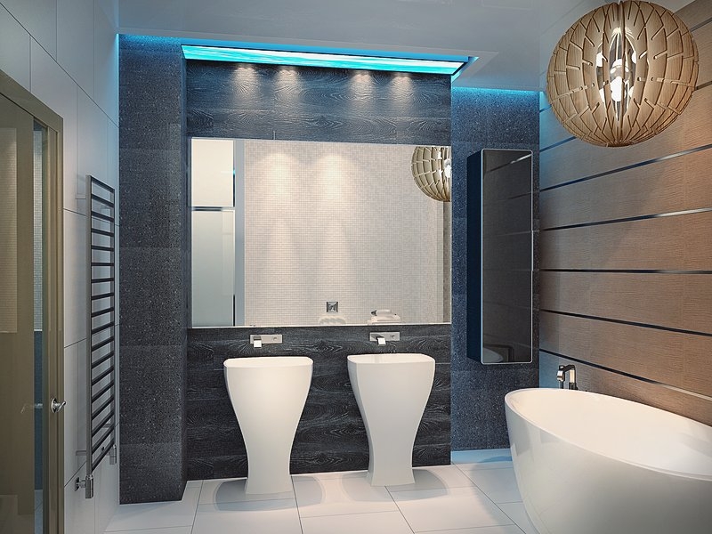 Ванная комната с сочетанием фактур на стенах  - Дизайн интерьера квартиры г. Тюмень ул. Пржевальского