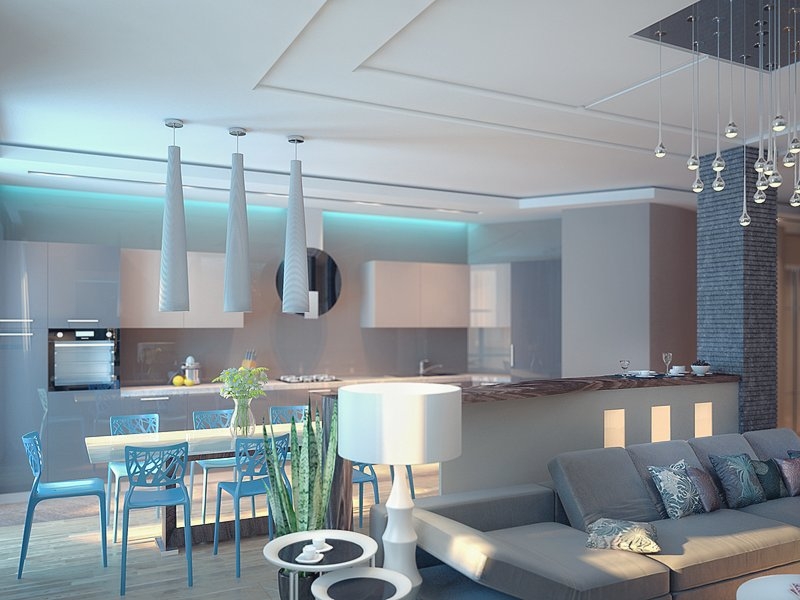Кухня-гостиная с многоуровневым потолком - Дизайн интерьера квартиры г. Тюмень ул. Пржевальского