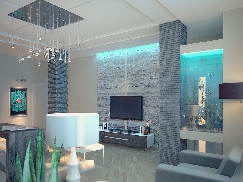 Гостиная с аквариумом в стене - Дизайн интерьера квартиры г. Тюмень ул. Пржевальского