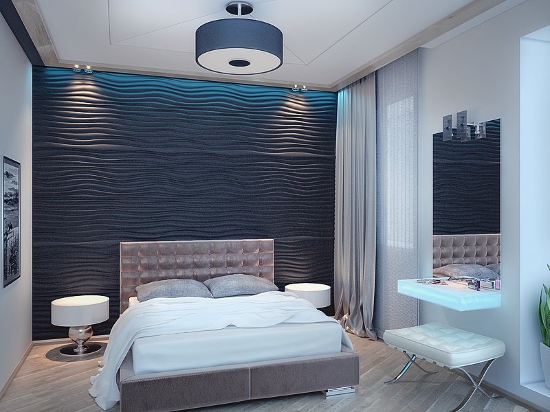 Спальня с декоративными  панелями на стене  - Дизайн интерьера квартиры г. Тюмень ул. Пржевальского