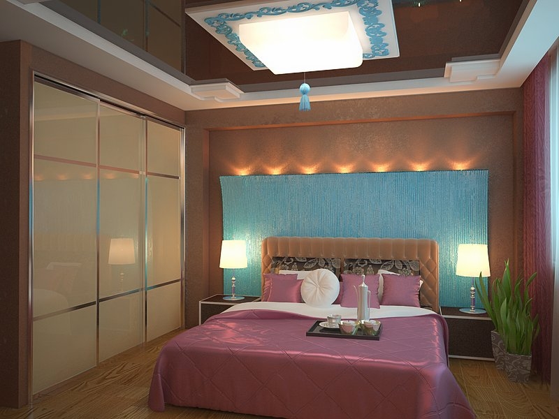 Спальня со встроенным шкафом со стеклянными дверями - Дизайн интерьера квартиры г. Тюмень ул. Широтная ТДСК
