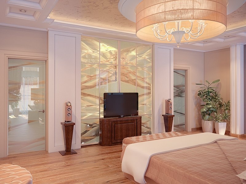 Спальня со стеной декорированной стеклом - Дизайн интерьера квартиры г. Тюмень ул. Ямская