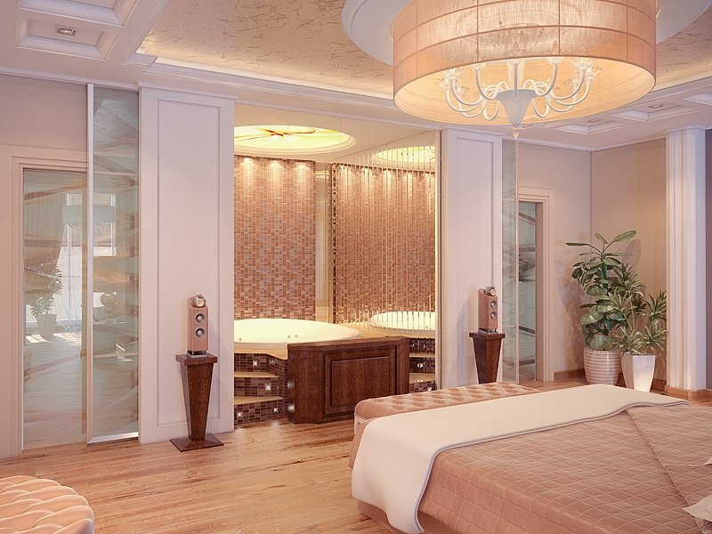 Спальня с ванной за стеклянными матированными перегородками  - Дизайн интерьера квартиры г. Тюмень ул. Ямская