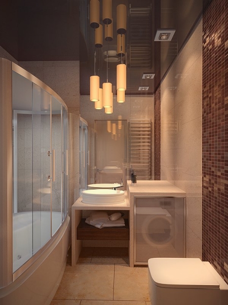 Ванная комната с глянцевым потолком - Дизайн интерьера квартиры г. Тюмень ул. Ямская