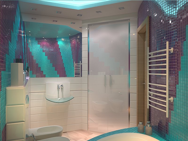 Ванная комната с матированной стеклянной дверью - Дизайн интерьера квартиры г. Тюмень ул. Ямская-Болотникова