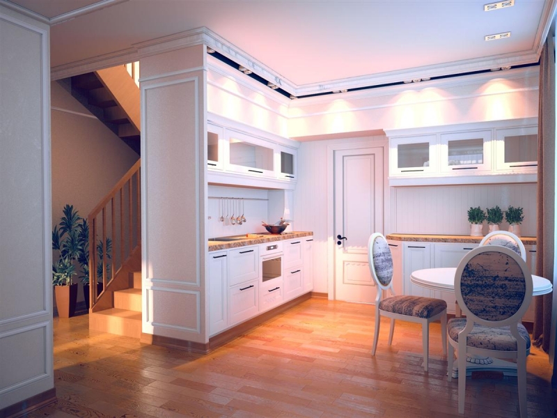 Кухня с классическим белым кухонным гарнитуром - Дизайн интерьера коттеджа г. Омск