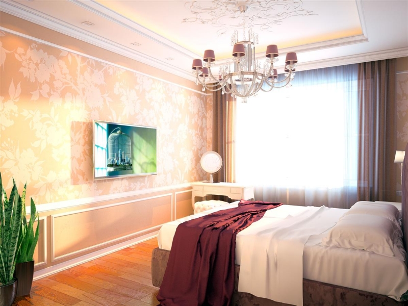 Спальня с декоративным оформлением потолка  - Дизайн интерьера коттеджа г. Омск