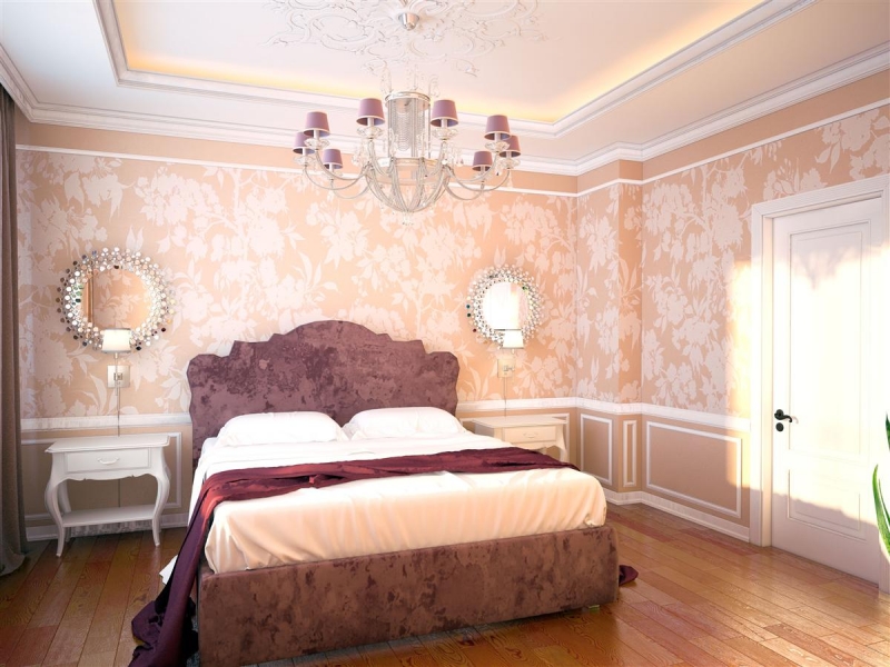 Спальня с  лепным декором на стенах - Дизайн интерьера коттеджа г. Омск