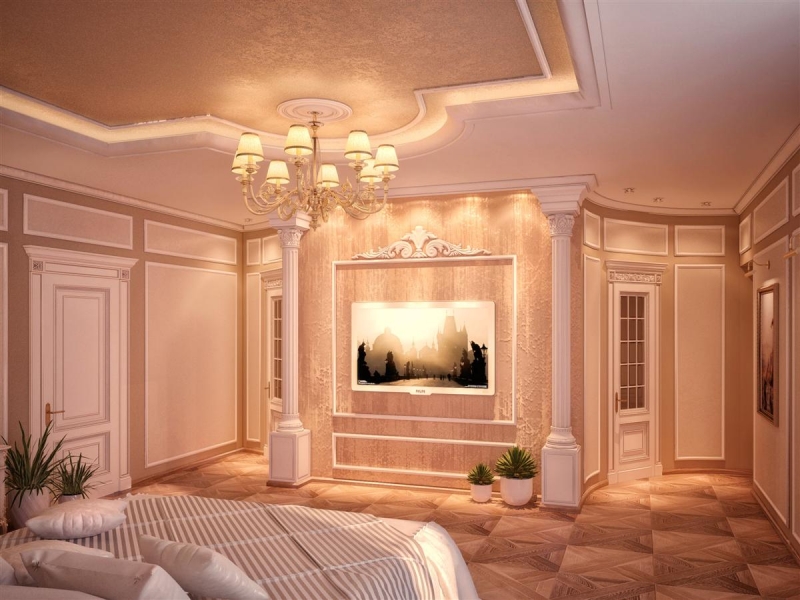 Спальня с декоративными колоннами в классическом стиле  - Жилой интерьер в поселке Дударево, г. Тюмень