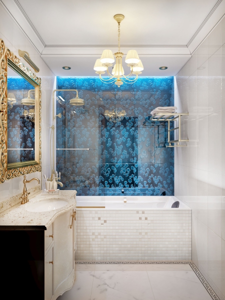 Ванна, облицованная белой мозаикой - Дизайн интерьера квартиры на ул. Широтная, г. Тюмень 90 кв. м.