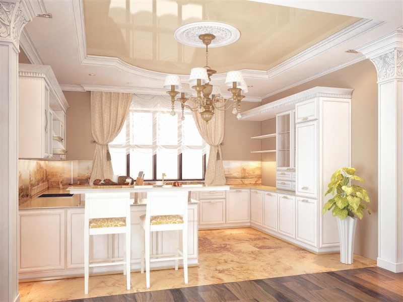 Кухня с белым кухонным гарнитуром - Дизайн интерьера и благоустройство территории в посёлке Ушаково 200 кв. м.