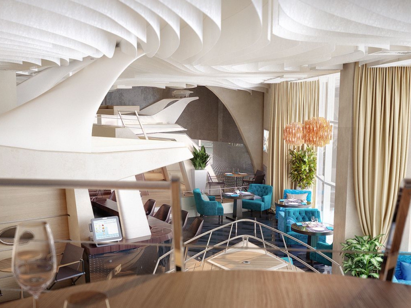 Сочетание глянцевых и матовых поверхностей в интерьере - Дизайн интерьера кафе «Saint Tropez»  440 кв. м.