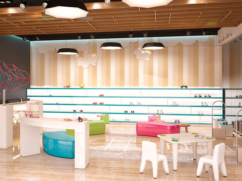 Деревянная отделка на потолке - Дизайн интерьера для бутика детской обуви «Красовчик» 60 кв .м.