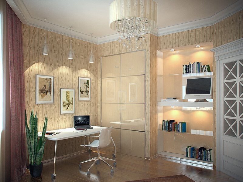 Кабинет со встроенным шкафом и нишей в стене  - Светлый и просторный дизайн квартиры