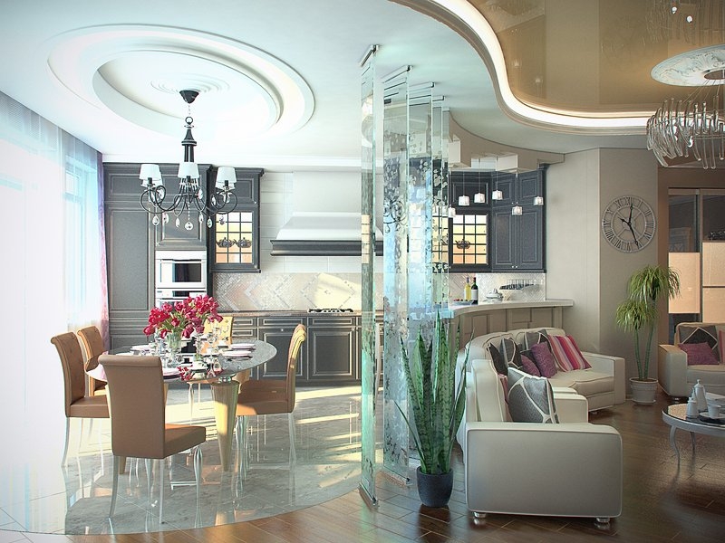 Кухня-столовая со стеклянной матированной перегородкой  - Светлый и просторный дизайн квартиры