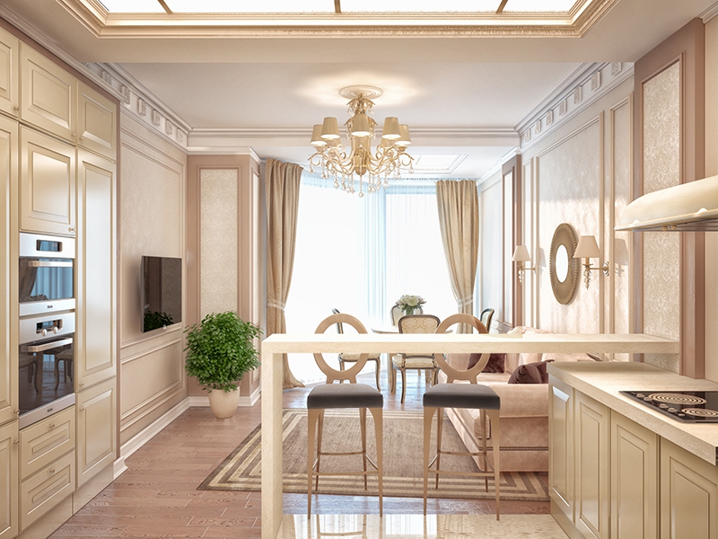Кухня-гостиная в классическом стиле - Дизайн интерьера квартиры на  ул. Пржевальского,  г. Тюмень.