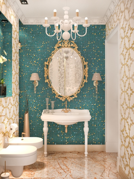 Мозаика на стенах туалетной комнаты - Дизайн интерьера коттеджа п. Патрушевa, ул Зеленая