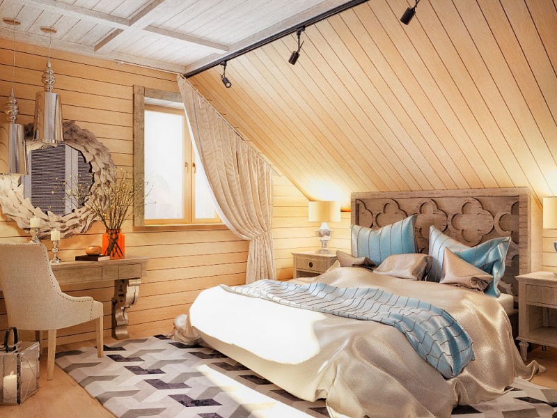 Мансардная спальня в деревянном доме (34 фото)