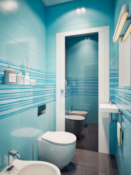 Голубая плитка в туалетной комнате - Дизайн интерьера квартиры г.Тюмень ул. 50 лет Октября