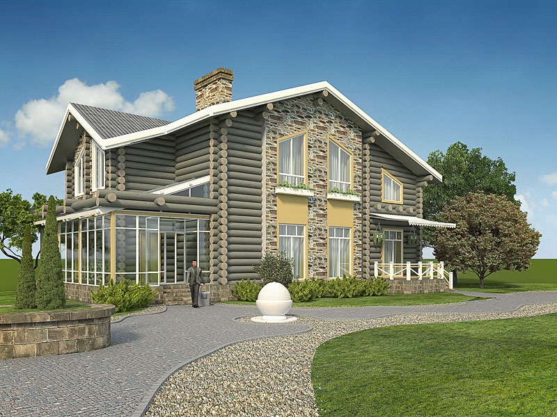 дом из сруба и камня - Дизайн фасада гармоничного загородного дома