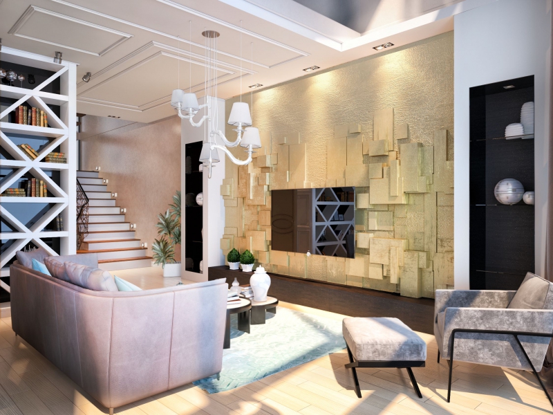 Декоративное объемное оформление стен - Дизайн интерьера гостиной с панорамным остеклением