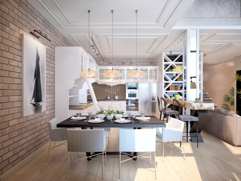 Кирпичная стена на кухне - Дизайн интерьера гостиной с панорамным остеклением