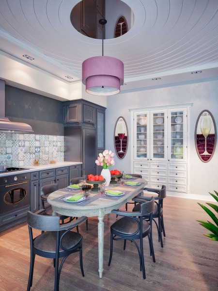 Кухня в стиле прованс - Дизайн интерьера гостиной с панорамным остеклением