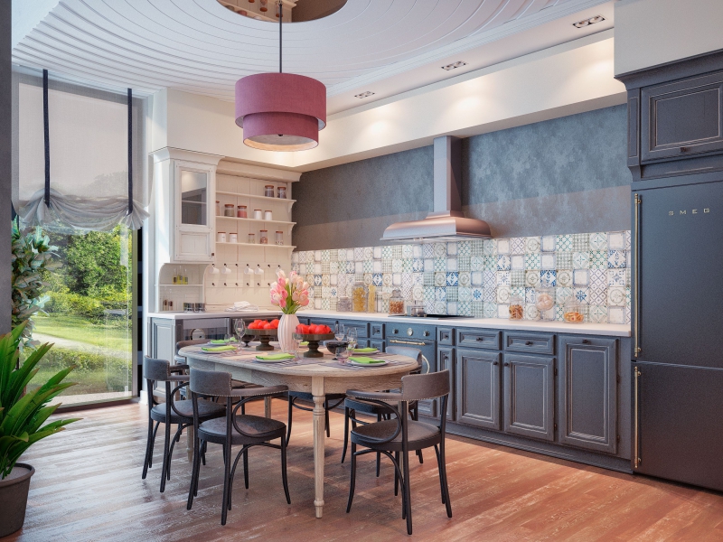 Плитка на фартуке кухни - Дизайн интерьера гостиной с панорамным остеклением
