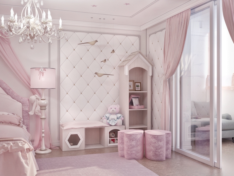 Детская для девочки скожанными настенными панелями-домик для игрушек - Дизайн интерьера квартиры, Червишевский тракт