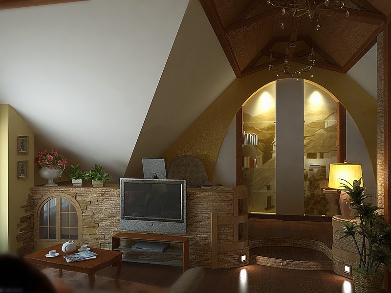 Гостиная с необычной геометрией стен и потолка - Оригинальный дизайн интерьера частого дома